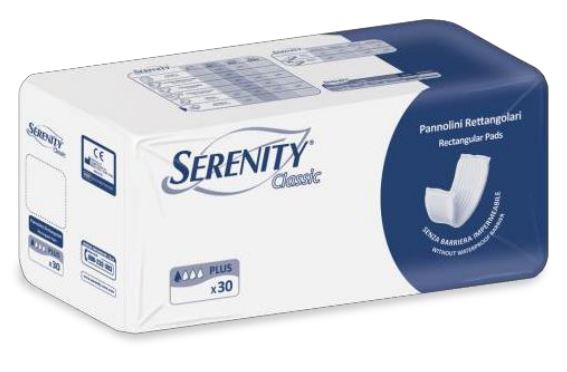 PANNOLONE PER INCONTINENZA FORMATO RETTANGOLARE SENZA BARRIERA SERENITY 30 PEZZI - Luckyfarma.it