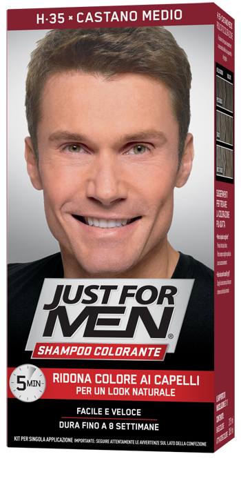 JUST FOR MEN SHAMPOO COLORANTE H35 CASTANO MEDIO ATTIVATORE CHIARO 38,5 ML + BASE COLORE 27,5 ML - Luckyfarma.it