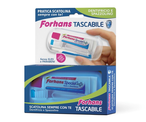 FORHANS TRAVEL KIT TASCABILE COMPOSTO DA SPAZZOLINO DA VIAGGIO + FORHANS SPECIAL PASTA DENTIFRICIA TUBETTO 12,5 ML - Luckyfarma.it