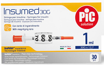 SIRINGA INSULINA PIC INSUMED 1 ML 100 UI AGO GAUGE 30 12,7 MM SENZA SPAZIO MORTO 30 PEZZI - Luckyfarma.it