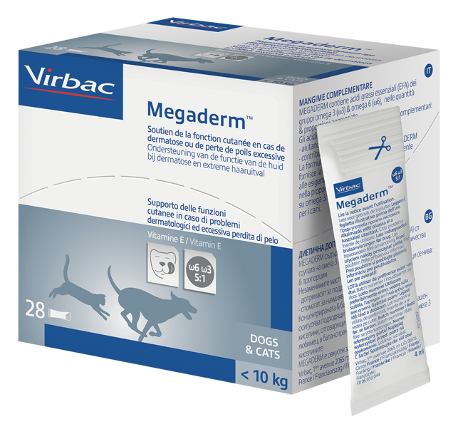 MEGADERM SUPPLEMENTO GATTI E CANI INFERIORI A 10 KG SCATOLA DA 28 SACCHETTI MONODOSE 4 ML - Luckyfarma.it