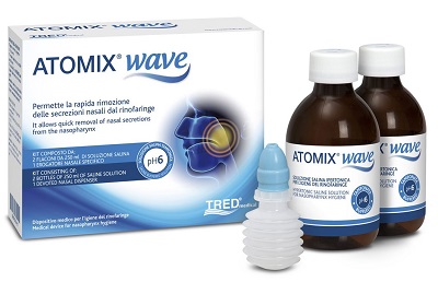 ATOMIX WAVE DISPOSITIVO PER IGIENE RINOFARINGEA ATOMIX SOLUZIONE SALINA 250 ML 2 PEZZI + TERMINALE NASALE + EROGATORE A SOFFIETTO - Luckyfarma.it