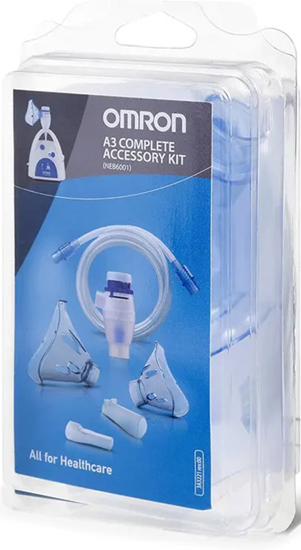 OMRON A3 COMPLETE KIT RICAMBIO AMPOLLA REGOLABILE + TUBO + MASCHERINA PEDIATRICA + MASCHERINA ADULTI + FORCELLE NASALI + BOCCAGLIO - Luckyfarma.it
