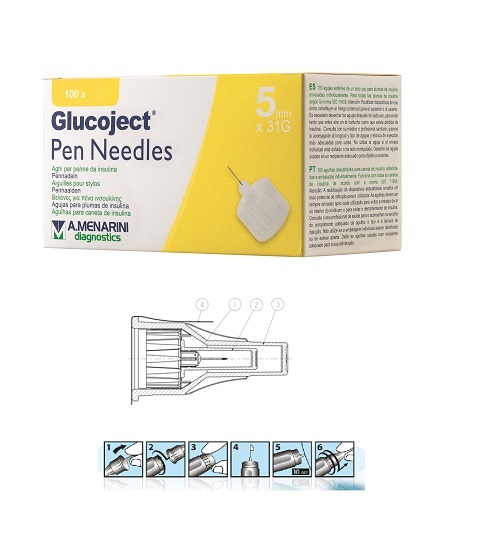 AGO PER PENNA DA INSULINA GLUCOJECT LUNGHEZZA 5 MM GAUGE 31 100 PEZZI - Luckyfarma.it
