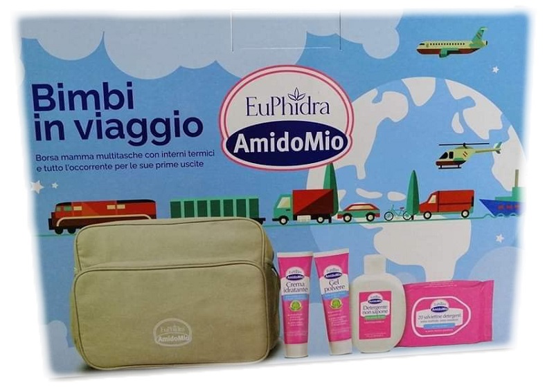 EUPHIDRA AMIDOMIO BORSA BIMBI VIAGGIO GEL POLVERE 50ML + DETERGENTE NON SAPONE 200ML + CREMA IDRATANTE 50ML + SALVIETTINE 20 PEZZI - Luckyfarma.it