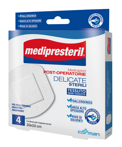 CEROTTO DI MEDICAZIONE STERILE CON SUPPORTO IN TNT MEDIPRESTERIL POSTOPERATORIO DELICATO 10X10 CM 4 PEZZI - Luckyfarma.it