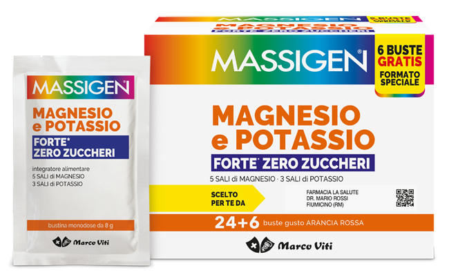 MASSIGEN MAGNESIO POTASSIO FORTE ZERO ZUCCHERO 24 BUSTINE + 6 BUSTINE - Luckyfarma.it