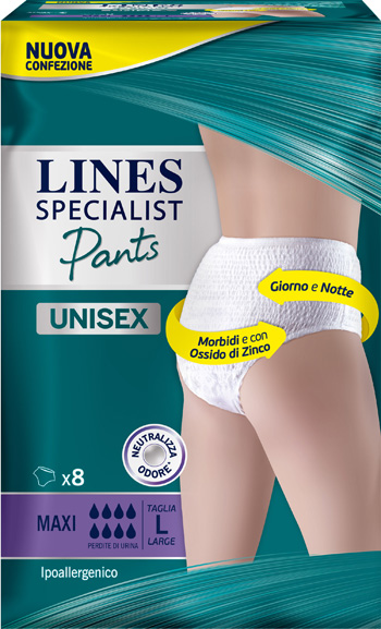 LINES SPECIALIST PANTS MAXI L X 8 PANNOLONE MUTANDINA INDOSSABILE COME NORMALE BIANCHERIA TIPO PULL-ON - Luckyfarma.it