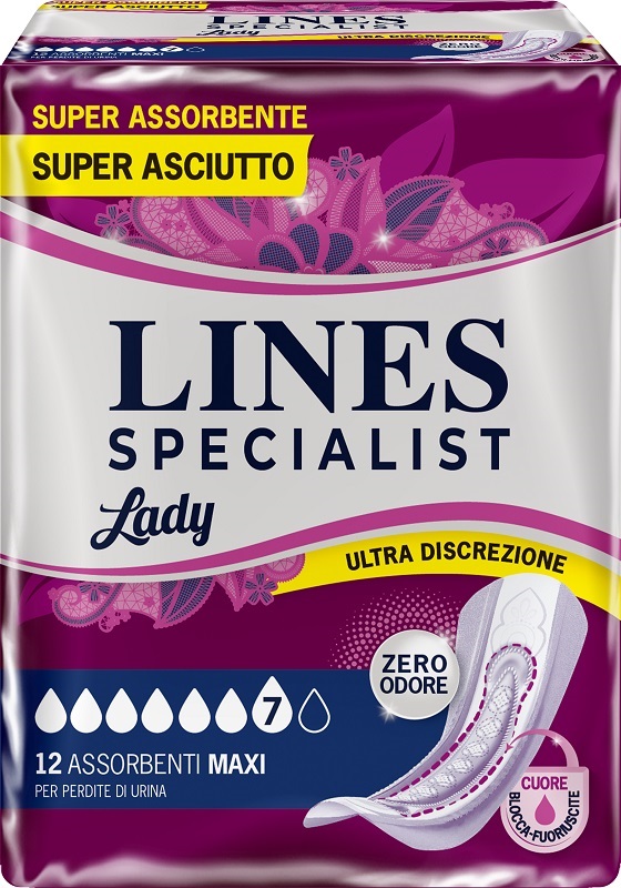 LINES SPECIALIST MAXI X 12 AUSILIO ASSORBENTE SAGOMATO UTILIZZABILE CON L'AUSILIO DI MUTANDA ELASTICIZZATA RIUTILIZZABILE - Luckyfarma.it