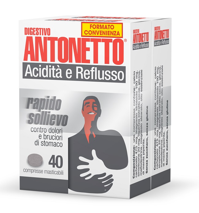 DIGESTIVO ANTONETTO ACIDITA' E REFLUSSO 80 COMPRESSE MASTICABILI 2 ASTUCCI DA 40 COMPRESSE - Luckyfarma.it