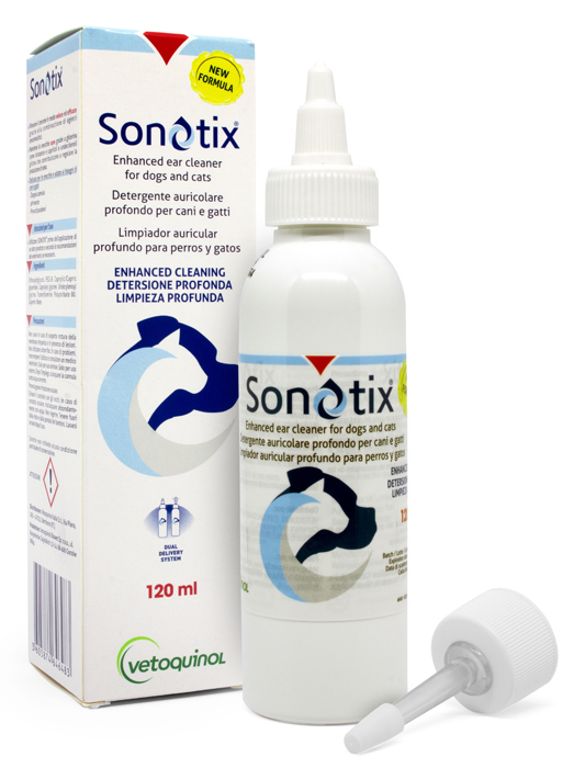 SONOTIX DETERGENTE AURICOLARE PROFONDO CANI E GATTI FLACONE 120 ML + CANNULA CORTA RIGIDA + CANNULA LUNGA FLESSIBILE - Luckyfarma.it