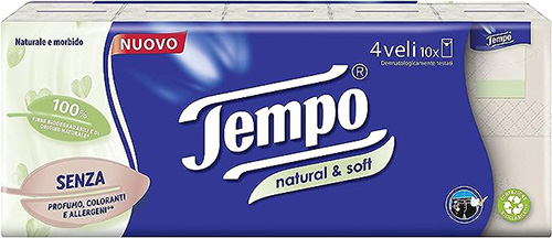 TEMPO FAZZOLETTI NATURAL&SOFT 10 PEZZI DA 9 FAZZOLETTI - Luckyfarma.it