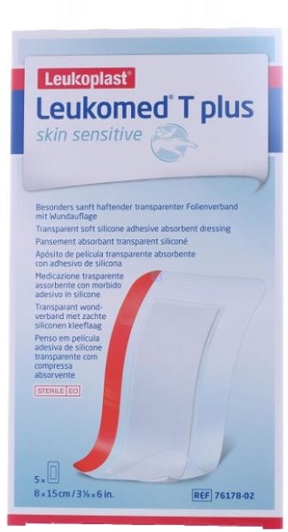 LEUKOMED T PLUS SKIN SENSITIVE MEDICAZIONE POST-OPERATORIA TRASPARENTE IMPERMEABILE CON MASSA ADESIVA AL SILICONE 8X15CM 5 PEZZI - Luckyfarma.it