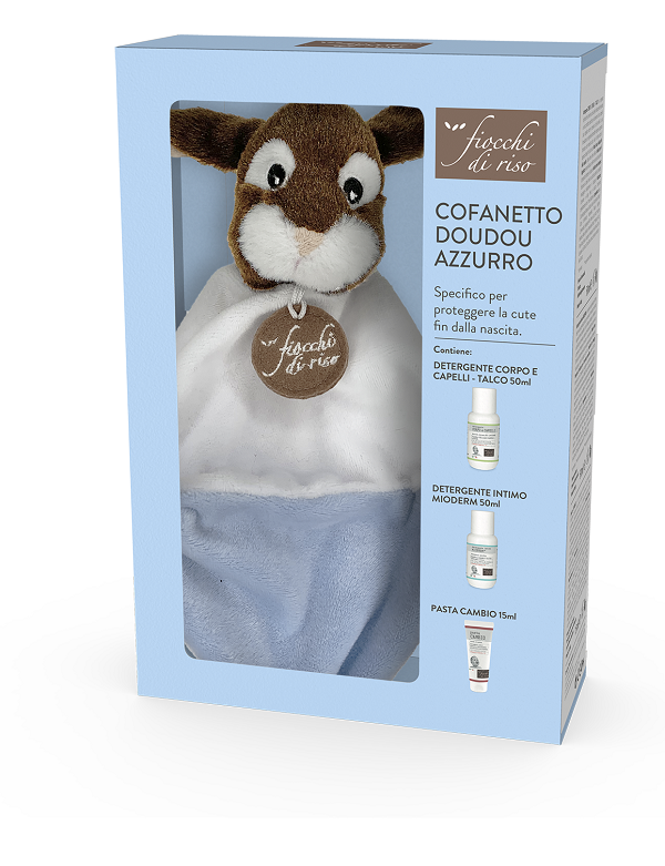 FIOCCHI DI RISO COFANETTO DOUDOU BIMBO AZZURRO MINISIZE PASTA CAMBIO 15 ML + MINISIZE INTIMO MIODERM 50 ML + MINISIZE DETERGENTE CORPO CAPELLI TALCO 50 ML + DOUDOU FIOCCO AZZURRO - Luckyfarma.it