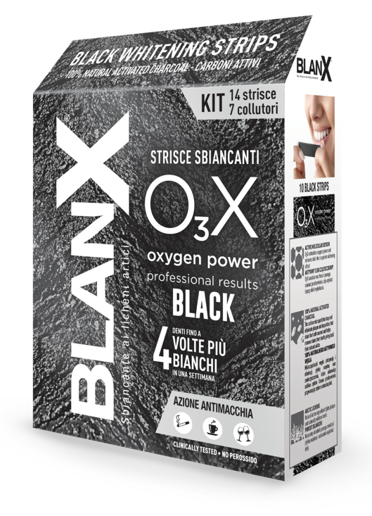BLANX O3X BLACK STRISCE SBIANCANTI E ANTIMACCHIA 14 PEZZI - Luckyfarma.it
