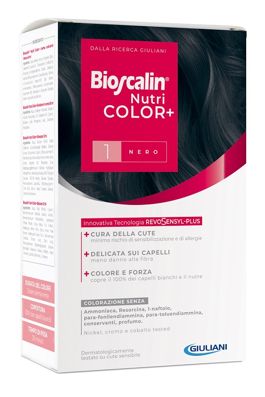 BIOSCALIN NUTRICOLOR PLUS 1 NERO CREMA COLORANTE 40 ML + RIVELATORE CREMA 60 ML + SHAMPOO 12 ML + TRATTAMENTO FINALE BALSAMO 12 ML - Luckyfarma.it