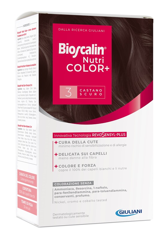 BIOSCALIN NUTRICOLOR PLUS 3 CASTANO SCURO CREMA COLORANTE 40 ML + RIVELATORE CREMA 60 ML + SHAMPOO 12 ML + TRATTAMENTO FINALE BALSAMO 12 ML - Luckyfarma.it