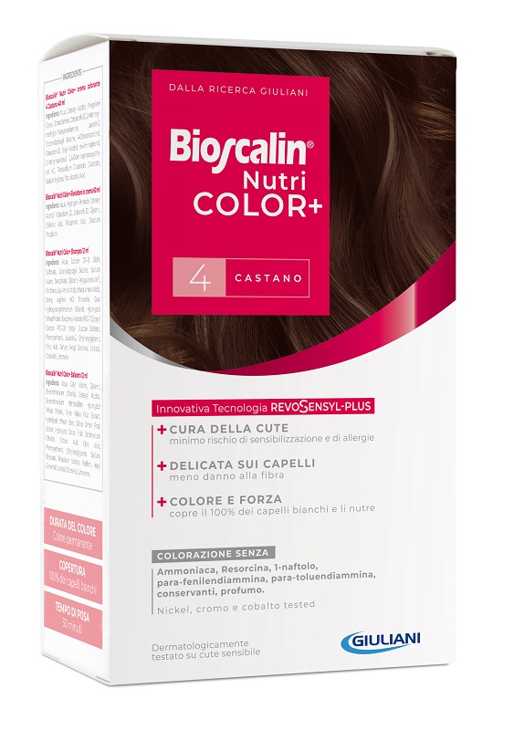 BIOSCALIN NUTRICOLOR PLUS 4 CASTANO CREMA COLORANTE 40 ML + RIVELATORE CREMA 60 ML + SHAMPOO 12 ML + TRATTAMENTO FINALE BALSAMO 12 ML - Luckyfarma.it