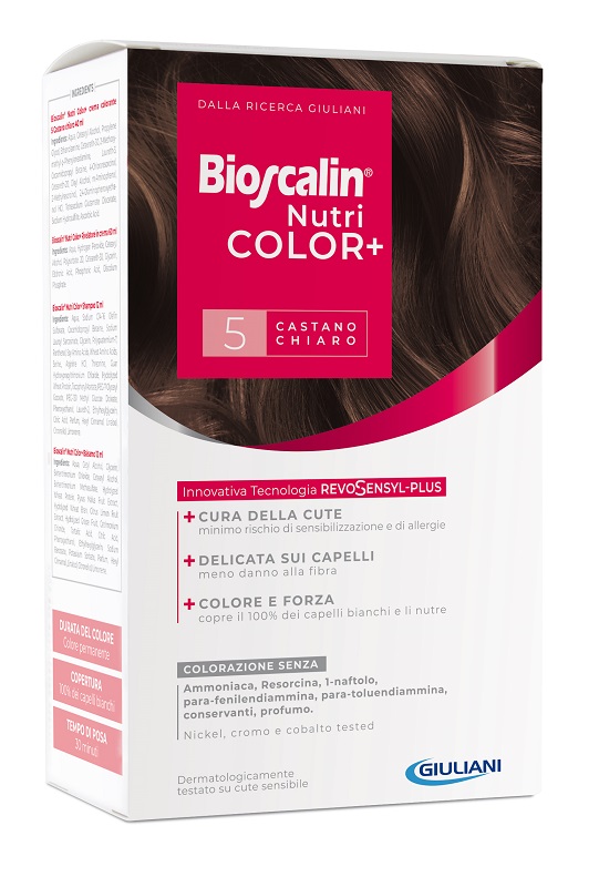 BIOSCALIN NUTRICOLOR PLUS 5 CASTANO CHIARO CREMA COLORANTE 40 ML + RIVELATORE CREMA 60 ML + SHAMPOO 12 ML + TRATTAMENTO FINALE BALSAMO 12 ML - Luckyfarma.it