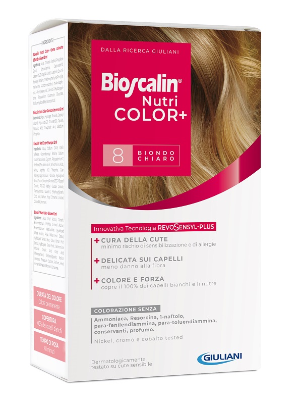 BIOSCALIN NUTRICOLOR PLUS 8 BIONDO CHIARO CREMA COLORANTE 40 ML + RIVELATORE CREMA 60 ML + SHAMPOO 12 ML + TRATTAMENTO FINALE BALSAMO 12 ML - Luckyfarma.it