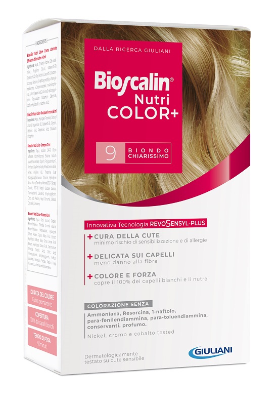 BIOSCALIN NUTRICOLOR PLUS 9 BIONDO CHIARISSIMO CREMA COLORANTE 40 ML + RIVELATORE CREMA 60 ML + SHAMPOO 12 ML + TRATTAMENTO FINALE BALSAMO 12 ML - Luckyfarma.it