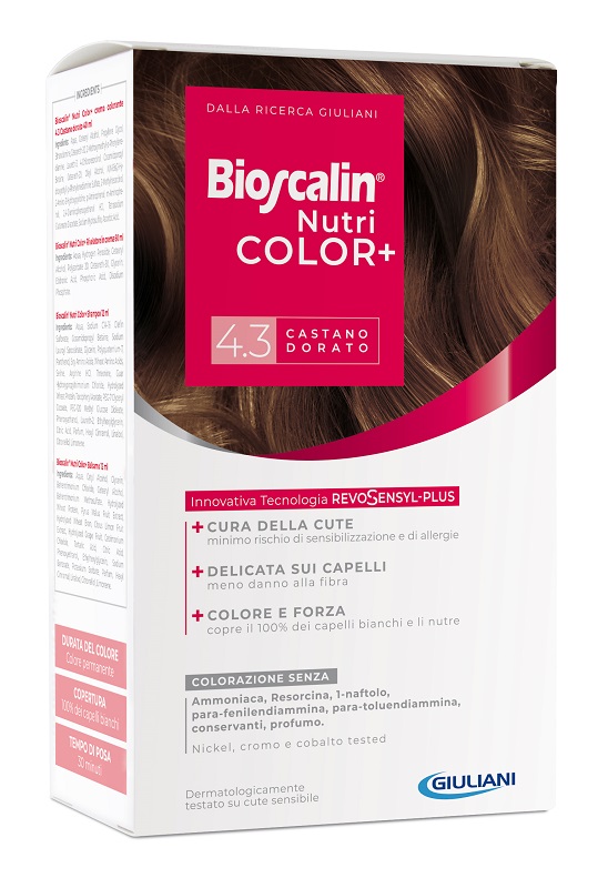BIOSCALIN NUTRICOLOR PLUS 4,3 CASTANO DORATO CREMA COLORANTE 40 ML + RIVELATORE CREMA 60 ML + SHAMPOO 12 ML + TRATTAMENTO FINALE BALSAMO 12 ML - Luckyfarma.it
