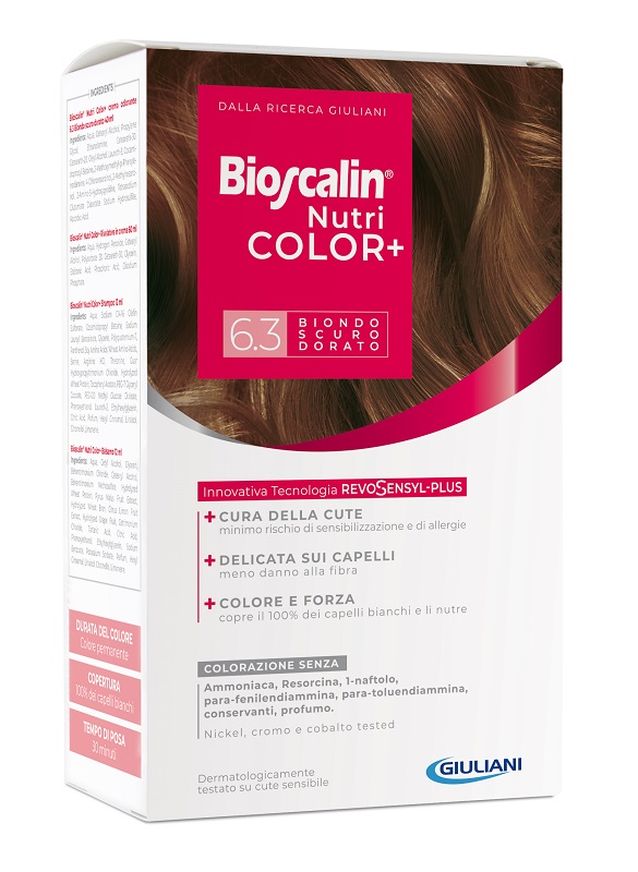 BIOSCALIN NUTRICOLOR PLUS 6,3 BIONDO SCURO DORATO CREMA COLORANTE 40 ML + RIVELATORE CREMA 60 ML + SHAMPOO 12 ML + TRATTAMENTO FINALE BALSAMO 12 ML - Luckyfarma.it