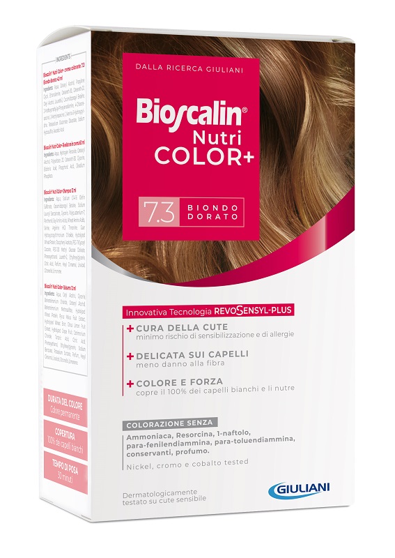 BIOSCALIN NUTRICOLOR PLUS 7,3 BIONDO DORATO CREMA COLORANTE 40 ML + RIVELATORE CREMA 60 ML + SHAMPOO 12 ML + TRATTAMENTO FINALE BALSAMO 12 ML - Luckyfarma.it