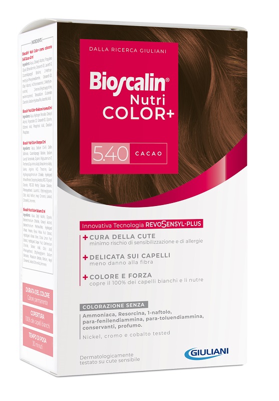 BIOSCALIN NUTRICOLOR PLUS 5,40 CACAO CREMA COLORANTE 40 ML + RIVELATORE CREMA 60 ML + SHAMPOO 12 ML + TRATTAMENTO FINALE BALSAMO 12 ML - Luckyfarma.it