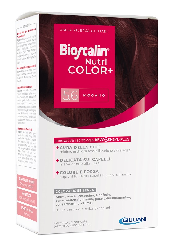 BIOSCALIN NUTRICOLOR PLUS 5,6 MOGANO CREMA COLORANTE 40 ML + RIVELATORE CREMA 60 ML + SHAMPOO 12 ML + TRATTAMENTO FINALE BALSAMO 12 ML - Luckyfarma.it