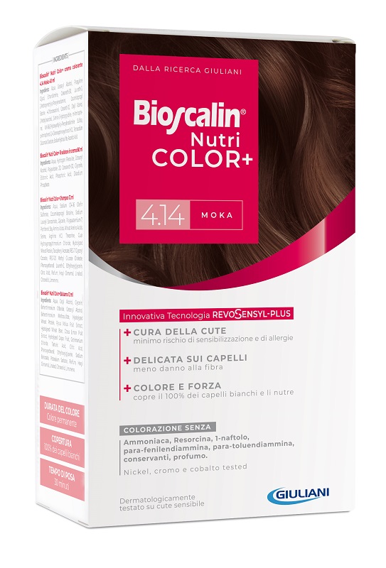 BIOSCALIN NUTRICOLOR PLUS 4,14 MOKA CREMA COLORANTE 40 ML + RIVELATORE CREMA 60 ML + SHAMPOO 12 ML + TRATTAMENTO FINALE BALSAMO 12 ML - Luckyfarma.it