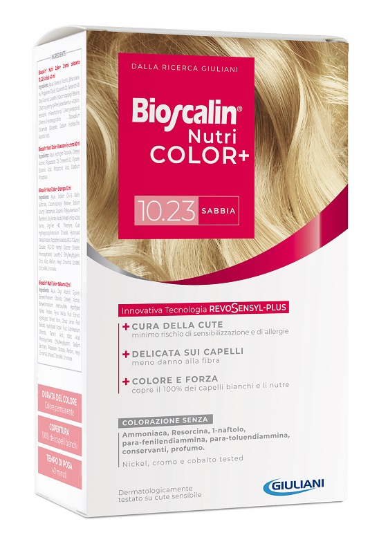 BIOSCALIN NUTRICOLOR PLUS 10,23 SABBIA CREMA COLORANTE 40 ML + RIVELATORE CREMA 60 ML + SHAMPOO 12 ML + TRATTAMENTO FINALE BALSAMO 12 ML - Luckyfarma.it