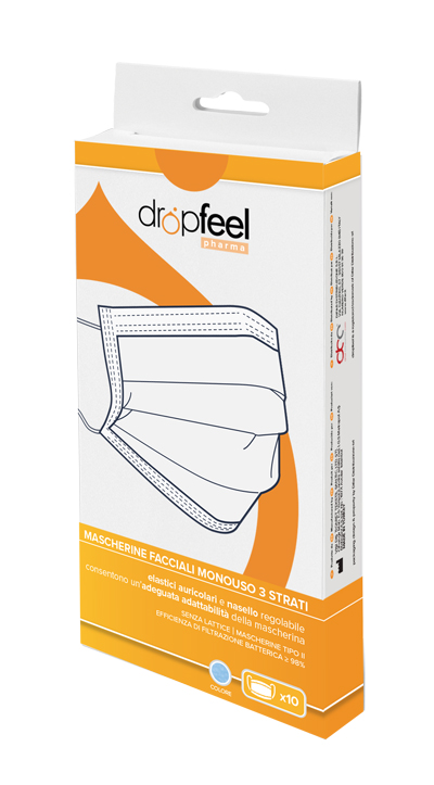 MASCHERINA USO MEDICO DROPFEEL PHARMA MONOUSO TIPO II AZZURRA ASTUCCIO ARANCIONE 10 PEZZI - Luckyfarma.it