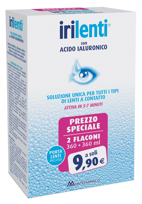 SOLUZIONE UNICA PER LENTI A CONTATTO IRILENTI CON ACIDO IALURONICO 2 FLACONI DA 360 ML + 360 ML - Luckyfarma.it