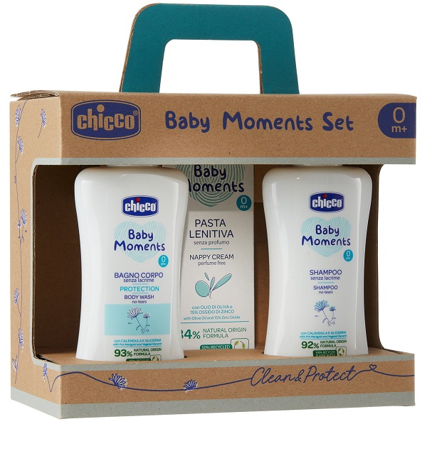 CHICCO BABY MOMENTS SET BAGNOCHIUMA PELLI DELICATE 200 ML + SHAMPOO PELLI DELICATE 200 ML + PASTA CAMBIO PELLI DELICATE 100 ML - Luckyfarma.it