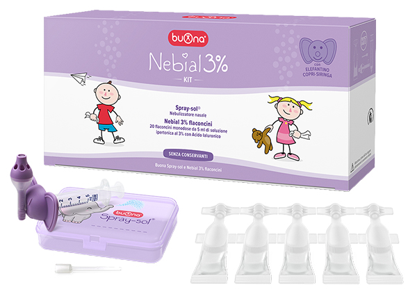NEBIAL 3% KIT 20 FLACONCINI MONODOSE 5ML SOLUZIONE IPERTONICA CON ACIDO IALURONICO + NEBULIZZATORE SPRAY-SOL - Luckyfarma.it