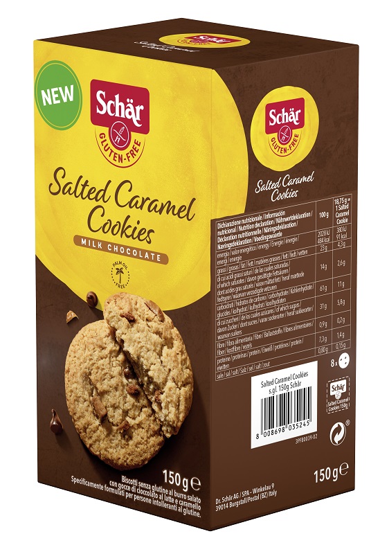 SCHAR SALTED CARAMEL COOKIES CON GOCCE DI CIOCCOLATO AL LATTE E CARAMELLO 150 G - Luckyfarma.it
